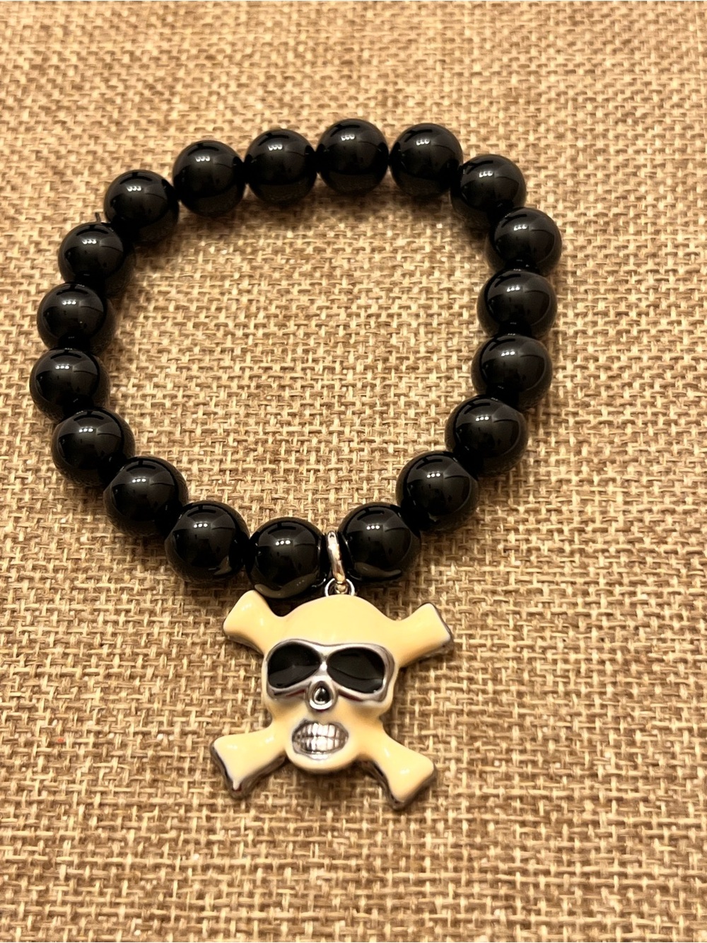 Men's Black Beaded Bracelet with Cream Skull & Crossbones Charm by